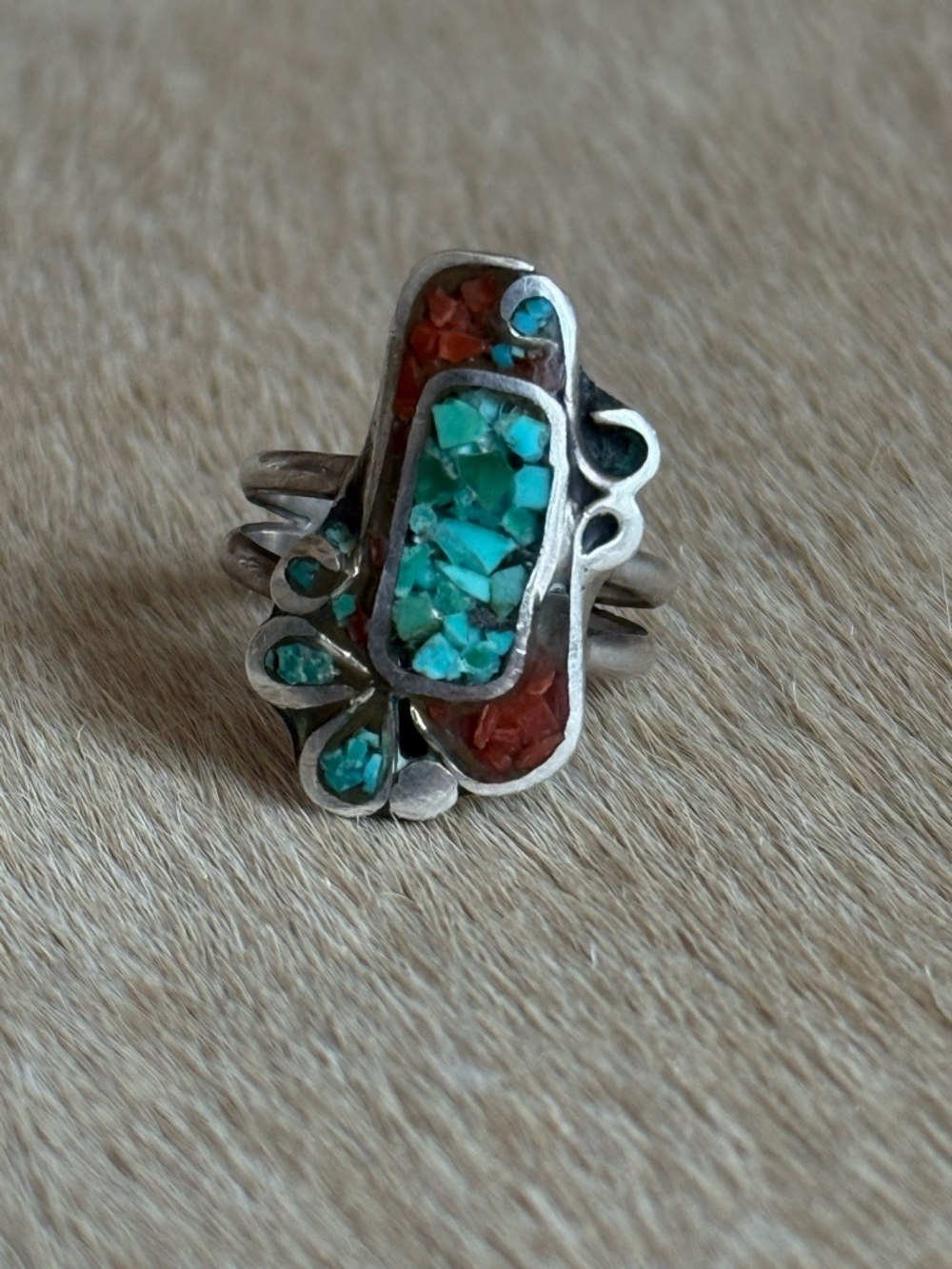 Sterling Silver Turquoise & Coral Inlay Ring - Women's Jewelry